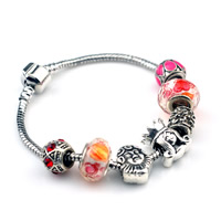 Zinc Alloy European Bracelets, with brass chain & Lampwork, antique silver color plated & enamel & faceted & with rhinestone, nickel, lead & cadmium free, 180-200mm 