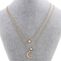 Fashion Multi Layer Necklace, Zinc Alloy, with iron chain, with 6cm extender chain, Moon and Star, gold color plated, oval chain & with rhinestone & , nickel, lead & cadmium free - Approx 15.5 Inch 