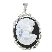 Natural Freshwater Shell Pendants, Brass, with Black Shell & White Shell, platinum color plated, lady cameo Approx 