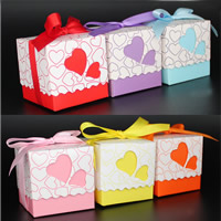 Wedding Candy Box, Paper, with Satin Ribbon, Cube, handmade, with heart pattern 