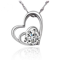 Brass Cubic Zirconia Necklace, Heart, platinum plated, Singapore chain & with cubic zirconia, nickel, lead & cadmium free Approx 17 Inch 