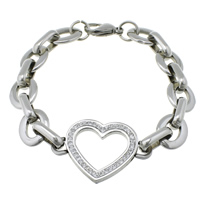 Stainless Steel Chain Bracelets, with Rhinestone Clay Pave, Heart, original color  Approx 9.5 Inch 