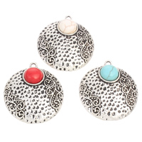 Synthetic Turquoise Pendants, Zinc Alloy, with Synthetic Turquoise, Flat Round, antique silver color plated, hammered nickel, lead & cadmium free Approx 2mm 