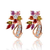 Zinc Alloy Stud Earring, stainless steel post pin, Flower, rose gold color plated, micro pave cubic zirconia, multi-colored, nickel, lead & cadmium free, 22mm 