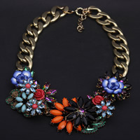 Fashion Statement Necklace, Zinc Alloy, with iron chain & Resin, with 5cm extender chain, Flower, gold color plated, twist oval chain & faceted & with rhinestone, multi-colored, nickel, lead & cadmium free, 55mm Approx 18.5 Inch 