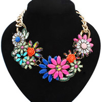 Fashion Statement Necklace, Zinc Alloy, with iron chain & Resin & Acrylic, with 5cm extender chain, Flower, antique gold color plated, twist oval chain & faceted & with rhinestone, multi-colored, nickel, lead & cadmium free, 50mm Approx 17.5 Inch 