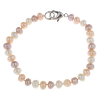 Cultured Freshwater Pearl Bracelets, brass clasp, Button, natural multi-colored, 6-7mm Approx 7.5 Inch 