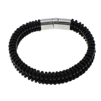 Cowhide Bracelets, stainless steel magnetic clasp, black, 15mm Approx 8.5 Inch 
