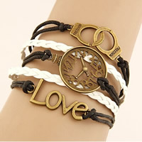 Combined Bracelet, Zinc Alloy, handcuff & clock & love, with Waxed Cotton Cord, with 3cm extender chain, word freedom, antique bronze color plated, braided bracelet & , black, nickel, lead & cadmium free Approx 6 Inch 