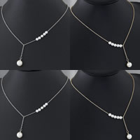 Fashion Iron Necklace, with Glass Pearl, with 5cm extender chain, Round, plated, oval chain nickel, lead & cadmium free, 10mm Approx 15.5 Inch 