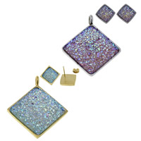 Fashion Stainless Steel Jewelry Sets, pendant & earring, with Resin, Rhombus, plated, colorful plated Approx 5mm 