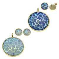 Fashion Stainless Steel Jewelry Sets, pendant & earring, with Resin, Flat Round, gold color plated, colorful plated Approx 5mm 