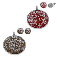 Fashion Stainless Steel Jewelry Sets, pendant & earring, with Shell & Resin, Flat Round, plated, natural Approx 5mm 