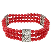 Synthetic Coral Bracelets, with Zinc Alloy, Round , red, 5mm Approx 7 Inch 