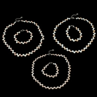 Conjuntos de joyería perlas de agua dulce natural, Perlas cultivadas de agua dulce, pulsera & collar, latón cierre de langosta, latón aro de pendiente, con 4cm extender cadena, Barroco, más colores para la opción, 6-7mm, longitud:aproximado 16.5 Inch, aproximado  7 Inch, Vendido por Sarta