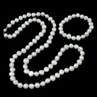 Bijoux de perle d'eau douce naturelle, perle d'eau douce cultivée, collier de chaîne de chandail & Bracelet, laiton Fermoir à cliquet, laiton boucle d'oreille crochet, avec 4cm chaînes de rallonge, pomme de terre, blanc, 8-10mm Environ 29 pouce, Environ  6 pouce, Vendu par bobine