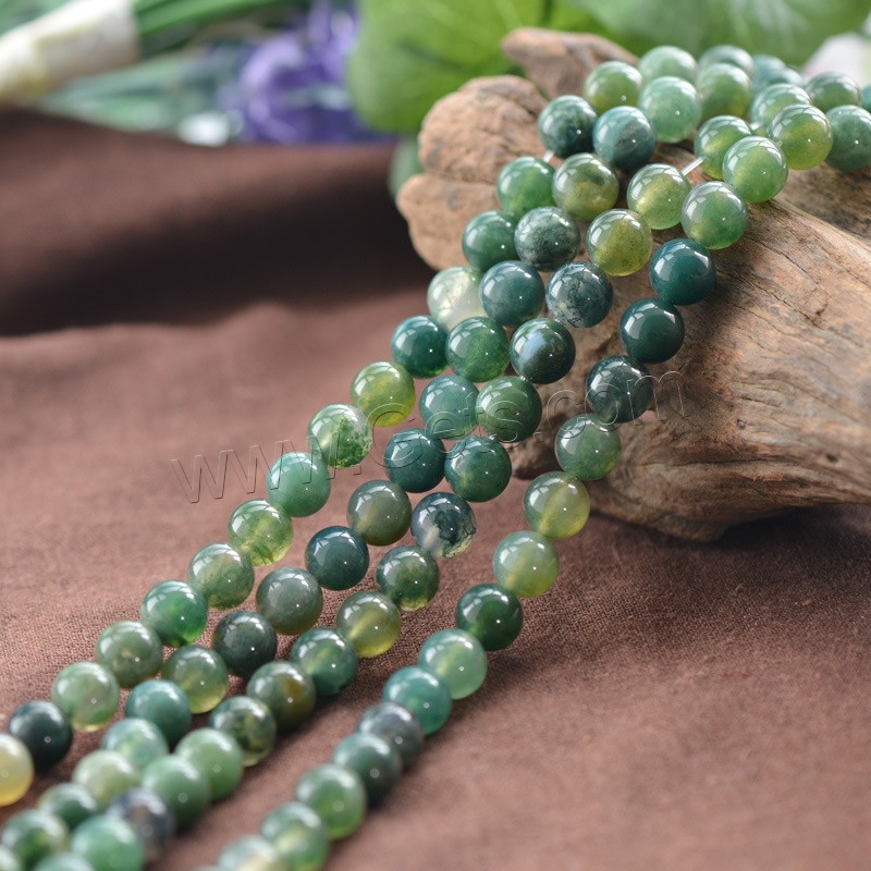 Perles en pierre d'agate mousse naturelle, Rond, normes différentes pour le choix, Trou:Environ 1mm, Longueur:Environ 15.5 pouce, Vendu par brin