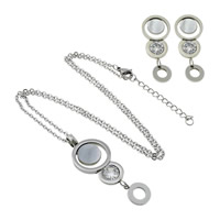 Rhinestone stainless steel Jewelry Set, earring & necklace, with White Shell, with 1.5lnch extender chain, natural, oval chain & with rhinestone, original color 30mm  Approx 17.5 Inch 