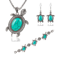 Turquoise Zinc Alloy Jewelry Sets, bracelet & earring & necklace, with iron chain & Synthetic Turquoise, iron earring hook, with 6cm extender chain, Turtle, antique silver color plated, lantern chain, malachite green, nickel, lead & cadmium free, 45-60mm Approx 19.5 Inch, Approx  7.5 Inch 