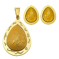 Fashion Stainless Steel Jewelry Sets, pendant & earring, with Resin, Teardrop, gold color plated, drawbench  Approx 