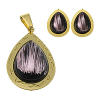 Fashion Stainless Steel Jewelry Sets, pendant & earring, with Resin, Teardrop, gold color plated, silver foil  Approx 