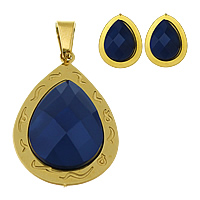 Fashion Stainless Steel Jewelry Sets, pendant & earring, with Resin, Teardrop, gold color plated, faceted  Approx 