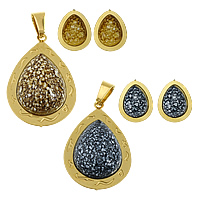 Fashion Stainless Steel Jewelry Sets, pendant & earring, with Resin, Teardrop, gold color plated, imitation gemstone Approx 