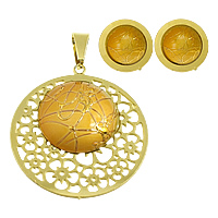 Fashion Stainless Steel Jewelry Sets, pendant & earring, with Resin, Flat Round, gold color plated, drawbench & hollow  Approx 
