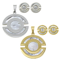 Fashion Stainless Steel Jewelry Sets, pendant & earring, with White Shell, Flat Round, plated, natural Approx 