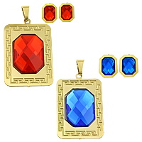 Fashion Stainless Steel Jewelry Sets, pendant & earring, with Glass, Rectangle, gold color plated, faceted Approx 