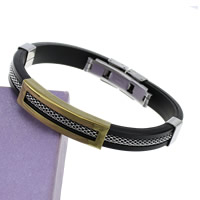 Silicone Stainless Steel Bracelets, with Stainless Steel, plated, two tone, black, 9mm Approx 8 Inch 
