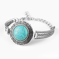 Zinc Alloy Turquoise Bracelets, with Synthetic Turquoise, with 6.5cm extender chain, Flat Round, antique silver color plated, blue, nickel, lead & cadmium free, 110mm Approx 6-7 Inch 