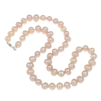 Natural Freshwater Pearl Necklace, brass lobster clasp, Potato, pink, 9-10mm Approx 0.8mm Approx 18 Inch 