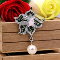Enamel Brooch, Zinc Alloy, with ABS Plastic Pearl, Flower, platinum color plated, with rhinestone, nickel, lead & cadmium free 