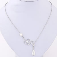 Zinc Alloy Iron Chain Necklace, with ABS Plastic Pearl & iron chain, Leaf, platinum color plated, oval chain, nickel, lead & cadmium free, 18mm, 38mm Approx 15.5 Inch 