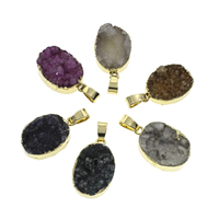 Natural Agate Druzy Pendant, Ice Quartz Agate, with iron bail, Flat Oval, gold color plated, druzy style - Approx 