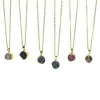 Druzy ожерелье, Ледниковый кварц-агат, с Железо, Плоская круглая форма, плакирован золотом, природный & druzy стиль & Овальный цепь, Много цветов для выбора, не содержит никель, свинец - длина:Приблизительно 18 дюймовый, продается Strand