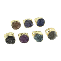 Natural Agate Druzy Finger Ring, Ice Quartz Agate, with Zinc Alloy, Flat Round, gold color plated, druzy style & adjustable - US Ring 