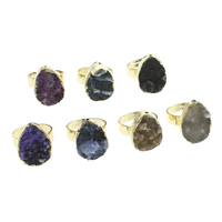 Natural Agate Druzy Finger Ring, Ice Quartz Agate, with Zinc Alloy, Teardrop, gold color plated, druzy style & adjustable - US Ring 