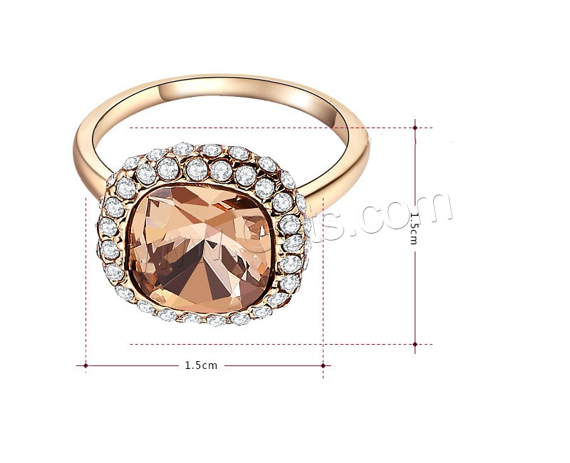 Austrian Crystal Finger Ring, Zinc Alloy, with Austrian Crystal, Square, real rose gold plated, different size for choice & with Austria rhinestone & faceted, nickel, lead & cadmium free, 1.5x1.5cm, Sold By Pair