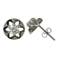 Stainless Steel Cubic Zirconia Stud Earring, Flower, with cubic zirconia & blacken 