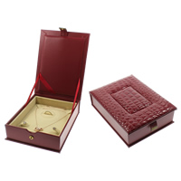 Leather Jewelry Set Box, Cardboard, finger ring & earring & necklace, with Sponge & PU Leather, Rectangle, red 