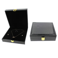 Leather Jewelry Set Box, Cardboard, finger ring & earring & necklace, with Sponge & PU Leather, Rectangle, black 