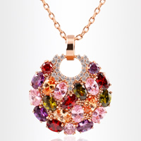 Zinc Alloy Necklace, rose gold color plated, oval chain & with cubic zirconia & faceted, 28mm Approx 16.93 Inch 