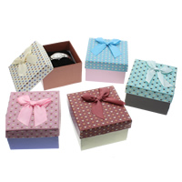 Cardboard Watch Box, with Satin Ribbon & Velveteen, Square, with heart pattern & with ribbon bowknot decoration 