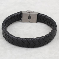 Men Bracelet, PU Leather, stainless steel snap clasp, black, 14mm Approx 8 Inch 