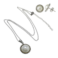 Fashion Stainless Steel Jewelry Sets, earring & necklace, with Plastic Pearl, with 2lnch extender chain, Flat Round, oval chain, original color Approx 17.5 Inch 