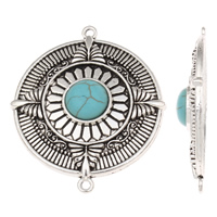 Zinc Alloy Charm Connector, with Synthetic Turquoise, Flat Round, antique silver color plated, 1/1 loop, lead & cadmium free Approx 1.5mm 