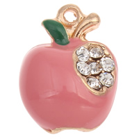 Zinc Alloy Fruit Shape Pendants, Apple, gold color plated, enamel & with rhinestone, pink, nickel, lead & cadmium free Approx 1mm 