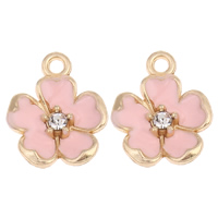 Zinc Alloy Flower Pendants, gold color plated, enamel & with rhinestone, pink, nickel, lead & cadmium free Approx 1mm 